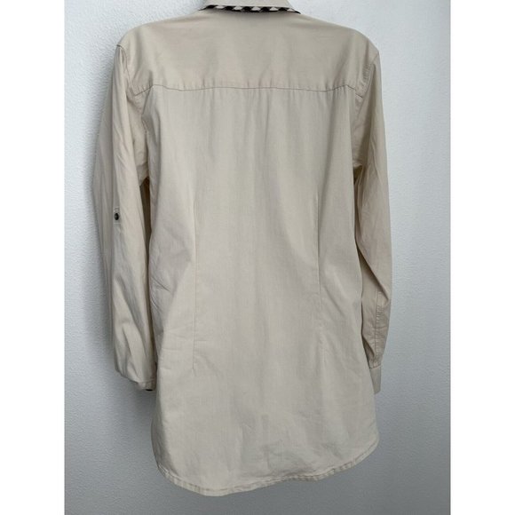 Foxcroft Womens Size 10 Top Blouse Tan Black Gingham Trim Fall Career Excellent - Picture 4 of 7